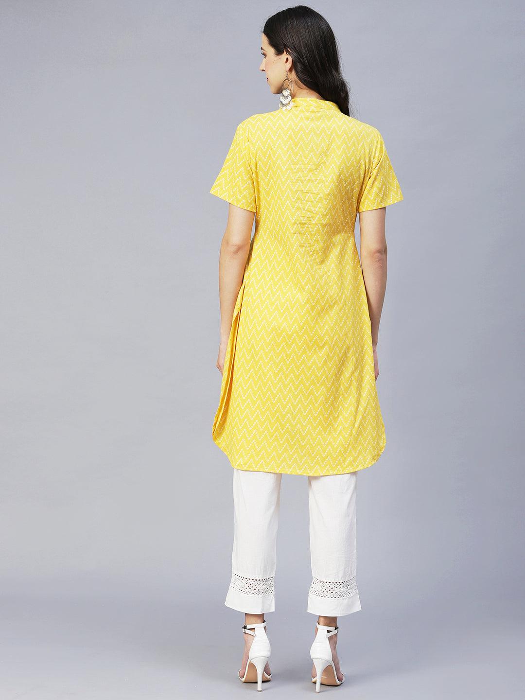 Ethnic Printed & Embroidered A-Line Kurta with Pants - Yellow - Indiakreations