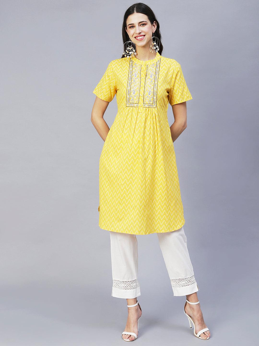 Ethnic Printed & Embroidered A-Line Kurta with Pants - Yellow - Indiakreations