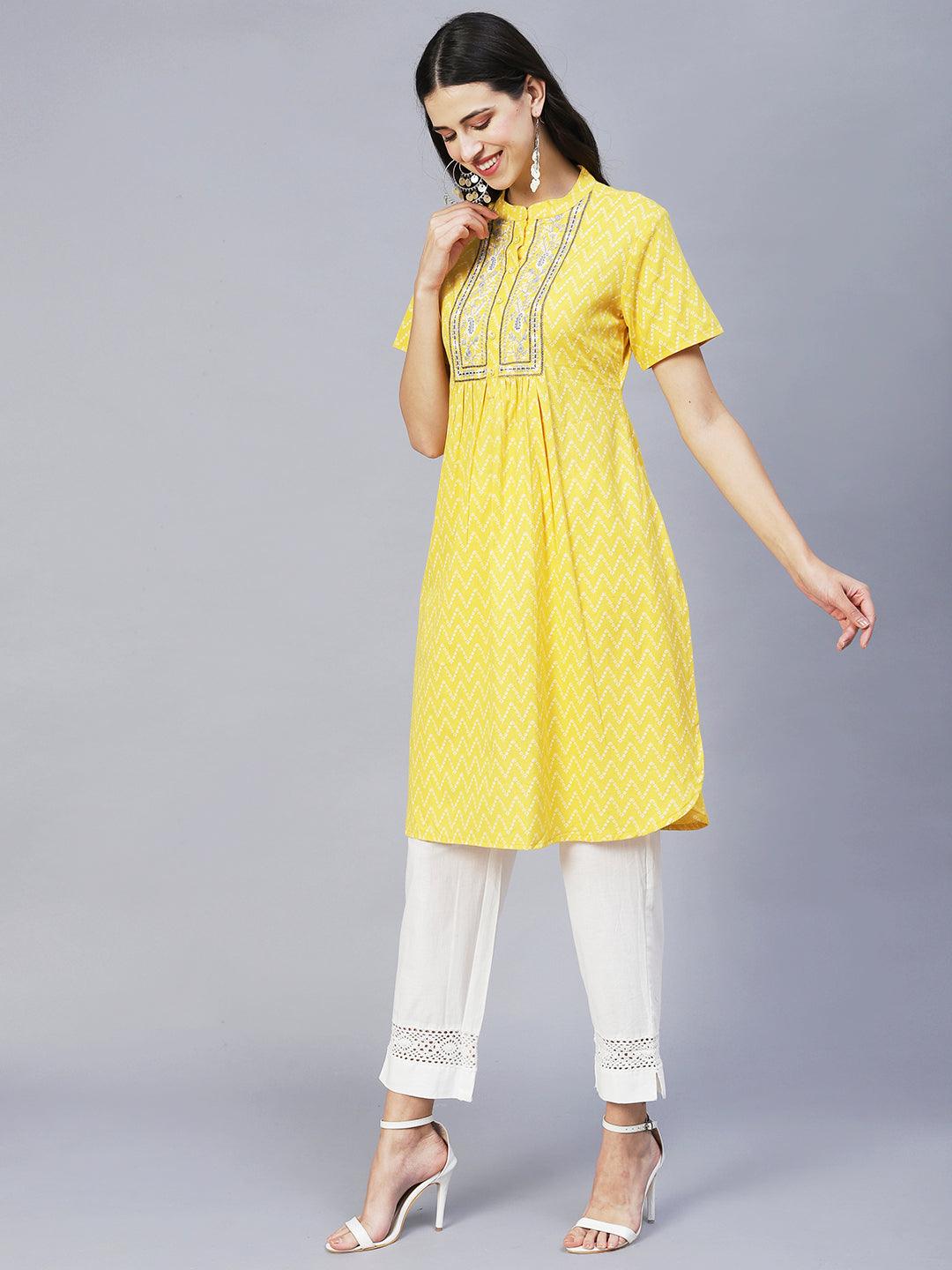 Ethnic Printed & Embroidered A-Line Kurta with Pants - Yellow - Indiakreations