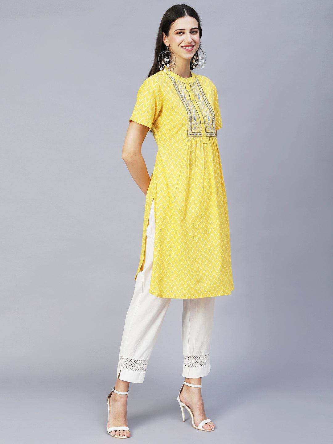 Ethnic Printed & Embroidered A-Line Kurta with Pants - Yellow - Indiakreations