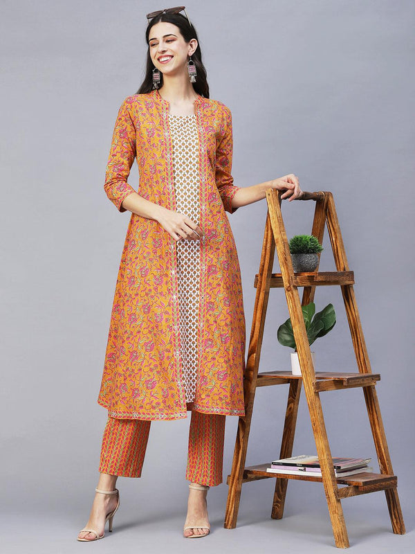 Ethnic Printed & Embroidered A-Line Kurta with Pants -Yellow - Indiakreations