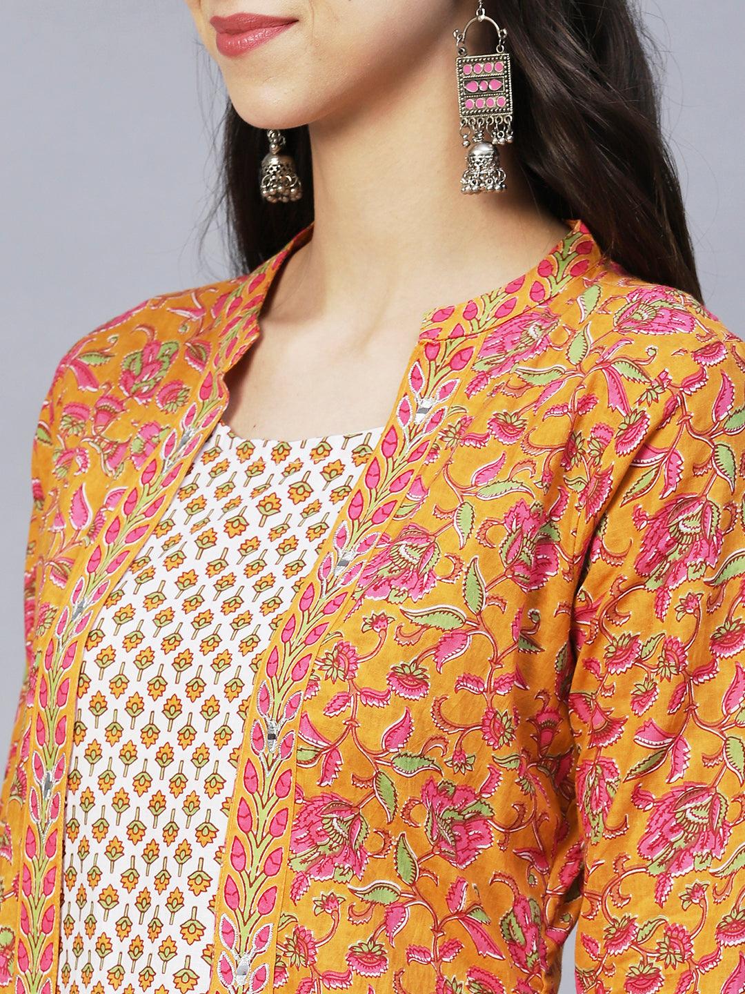 Ethnic Printed & Embroidered A-Line Kurta with Pants -Yellow - Indiakreations