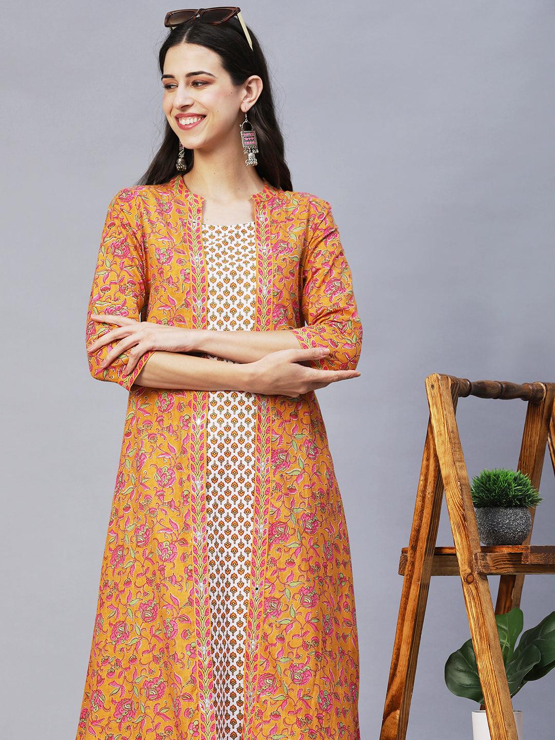 Ethnic Printed & Embroidered A-Line Kurta with Pants -Yellow - Indiakreations