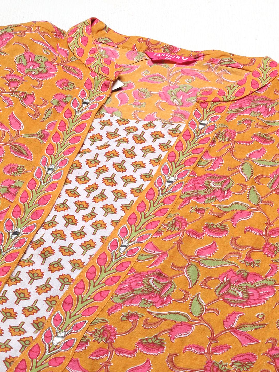 Ethnic Printed & Embroidered A-Line Kurta with Pants -Yellow - Indiakreations