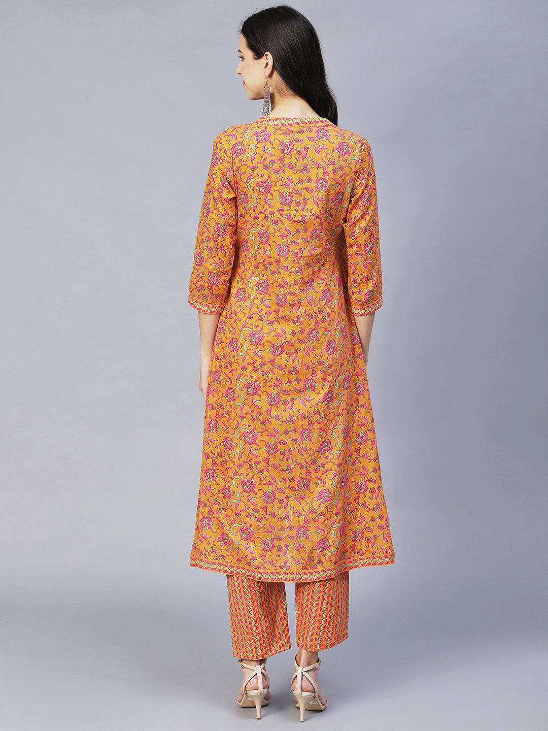 Ethnic Printed & Embroidered A-Line Kurta with Pants -Yellow - Indiakreations