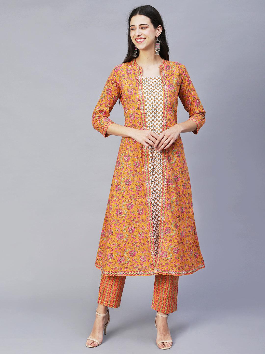 Ethnic Printed & Embroidered A-Line Kurta with Pants -Yellow - Indiakreations