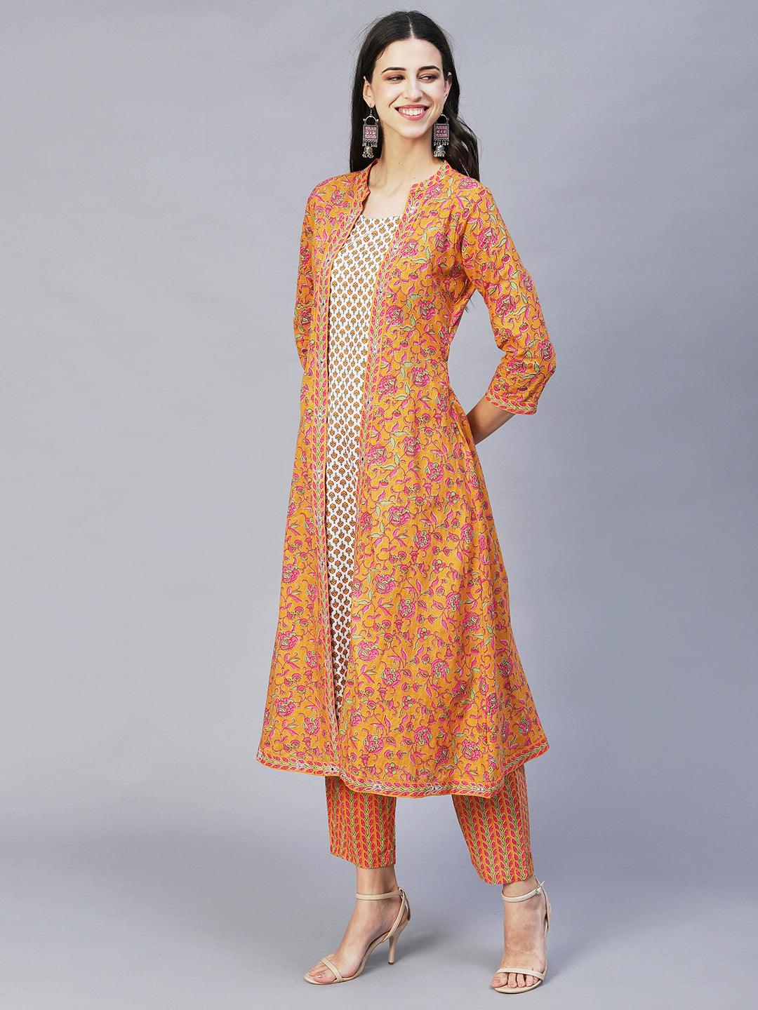 Ethnic Printed & Embroidered A-Line Kurta with Pants -Yellow - Indiakreations