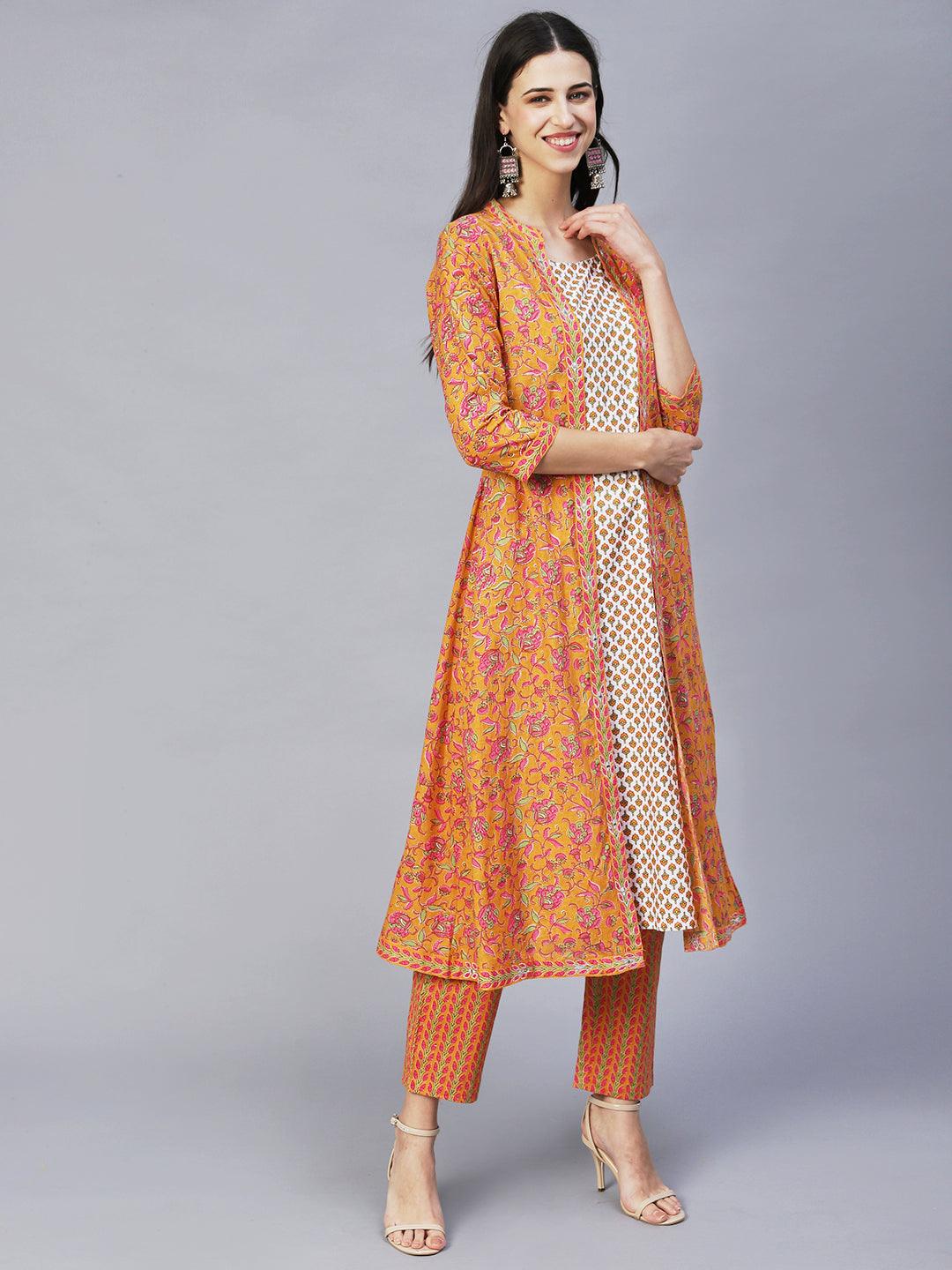 Ethnic Printed & Embroidered A-Line Kurta with Pants -Yellow - Indiakreations