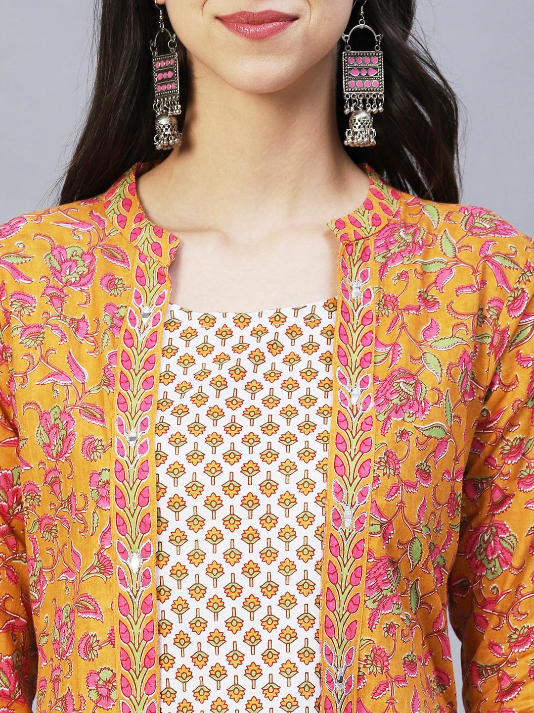 Ethnic Printed & Embroidered A-Line Kurta with Pants -Yellow - Indiakreations