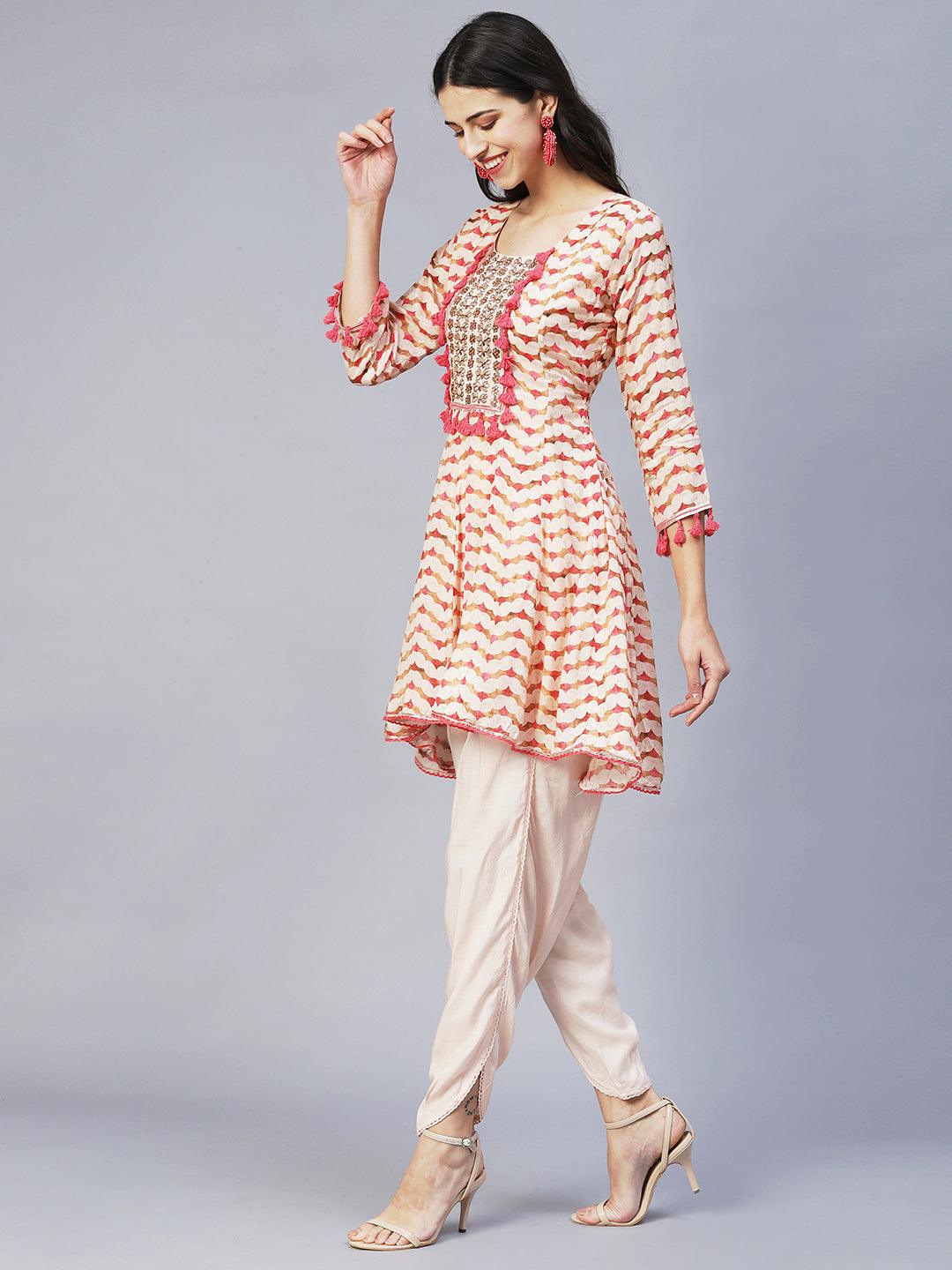 Ethnic Printed & Embroidered Anarkali Kurta with Dhoti Pants - Multi - Indiakreations