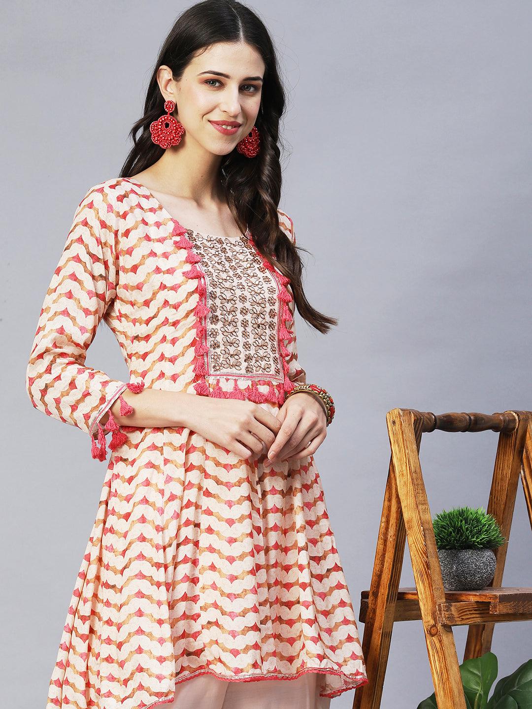 Ethnic Printed & Embroidered Anarkali Kurta with Dhoti Pants - Multi - Indiakreations