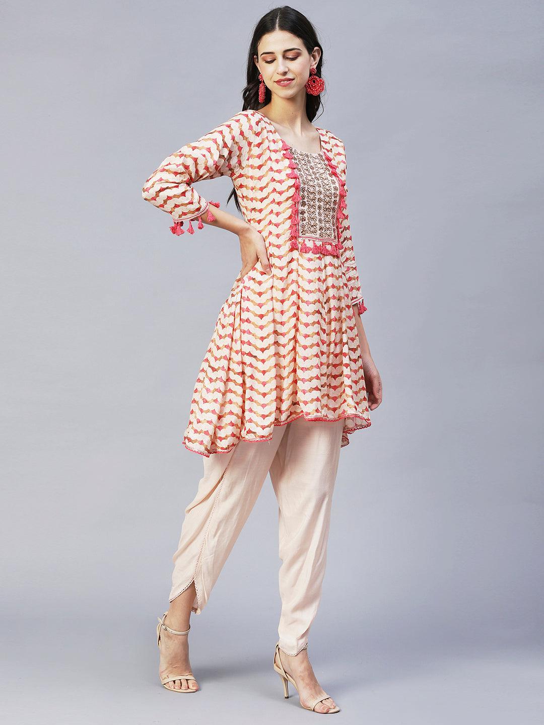 Ethnic Printed & Embroidered Anarkali Kurta with Dhoti Pants - Multi - Indiakreations