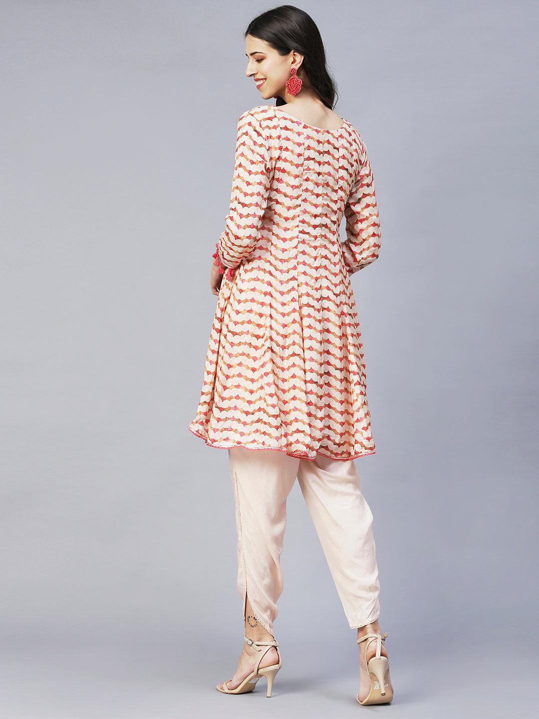 Ethnic Printed & Embroidered Anarkali Kurta with Dhoti Pants - Multi - Indiakreations