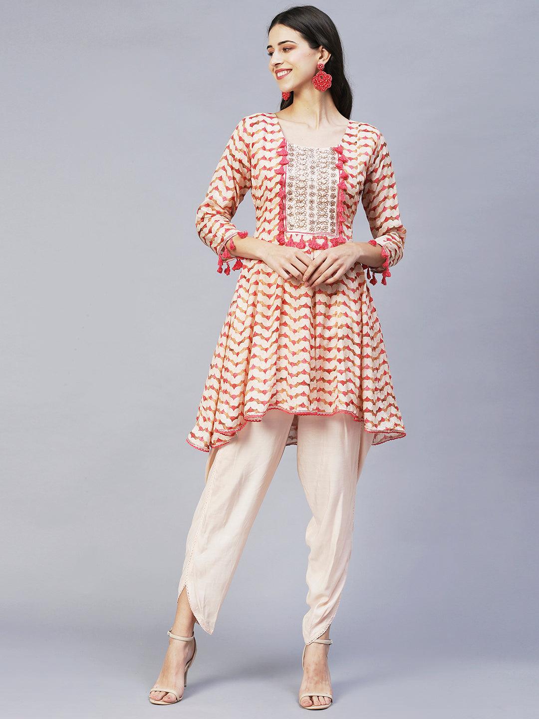 Ethnic Printed & Embroidered Anarkali Kurta with Dhoti Pants - Multi - Indiakreations