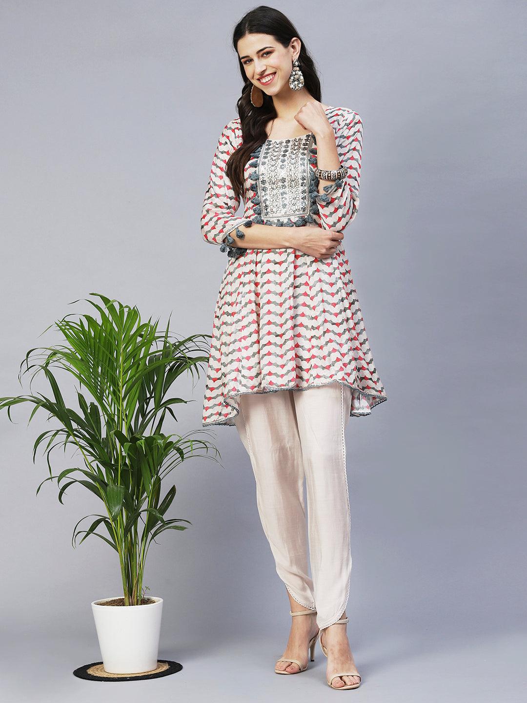 Ethnic Printed & Embroidered Anarkali Kurta with Dhoti Pants - Multi - Indiakreations