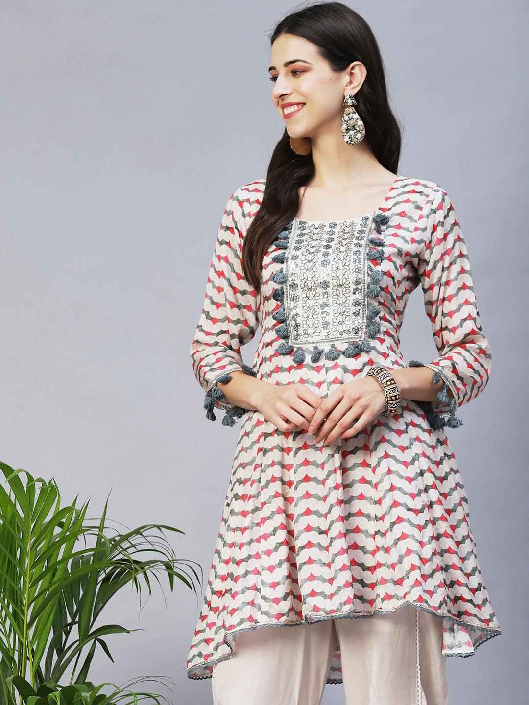 Ethnic Printed & Embroidered Anarkali Kurta with Dhoti Pants - Multi - Indiakreations