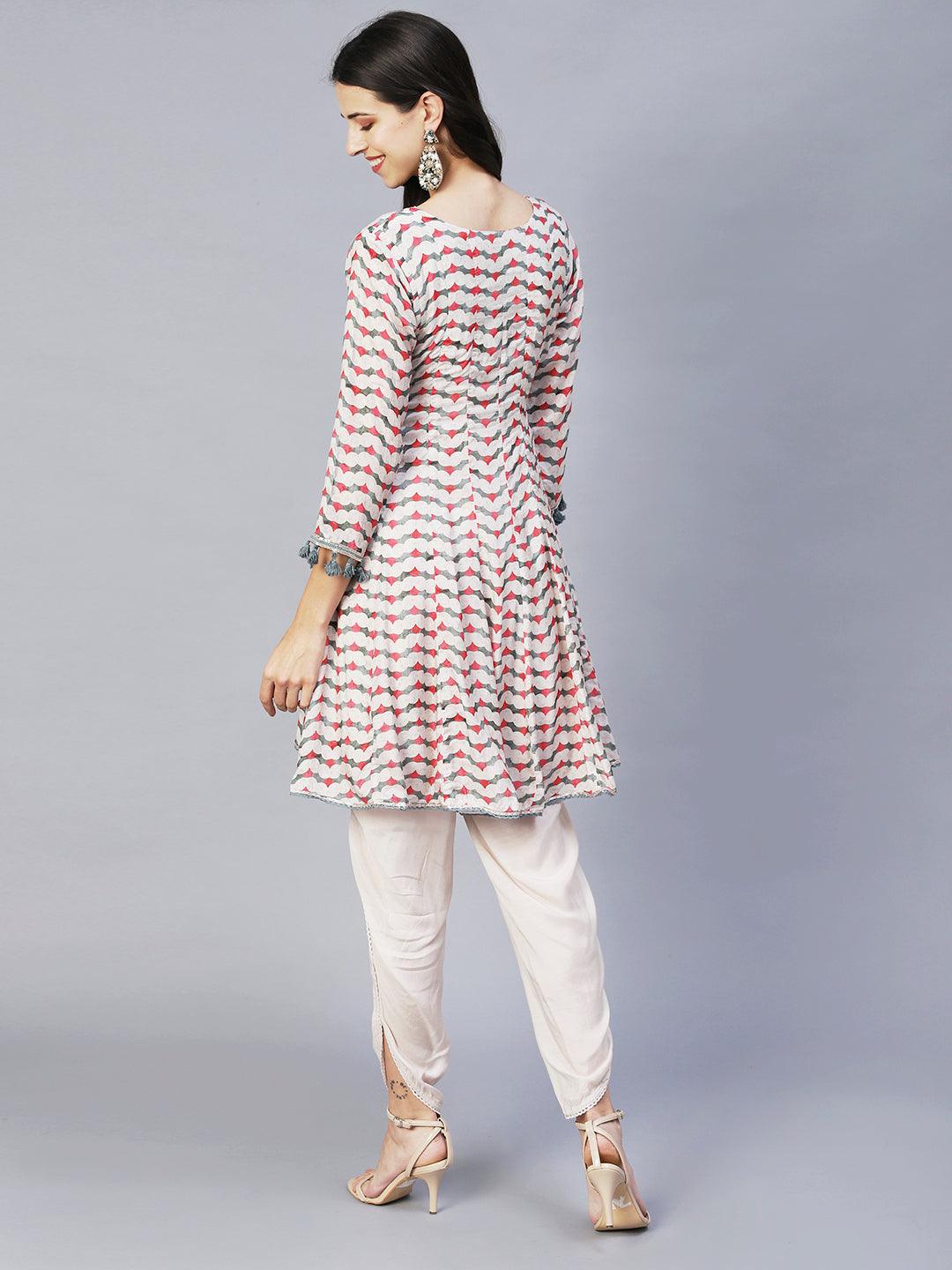 Ethnic Printed & Embroidered Anarkali Kurta with Dhoti Pants - Multi - Indiakreations