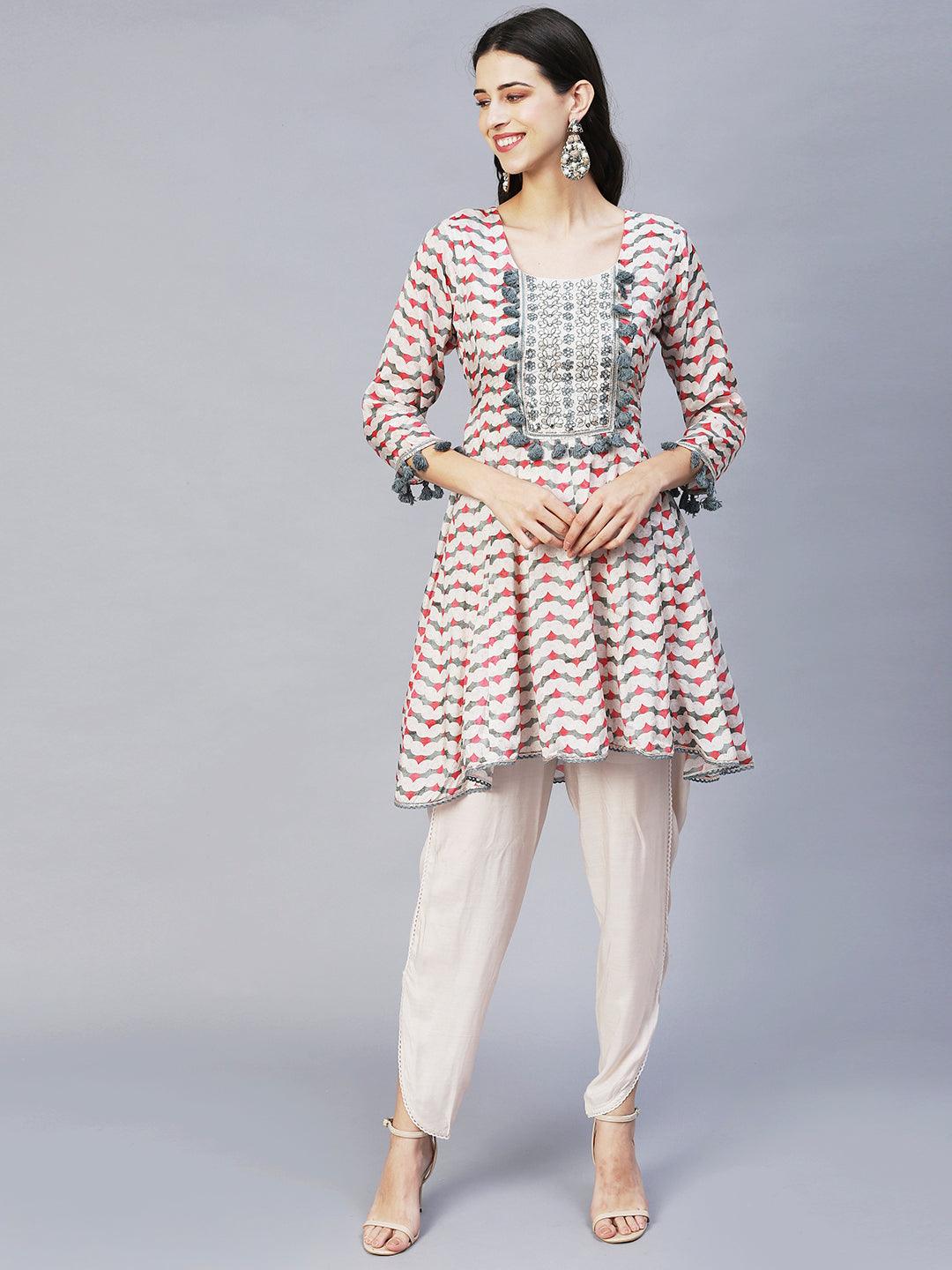 Ethnic Printed & Embroidered Anarkali Kurta with Dhoti Pants - Multi - Indiakreations