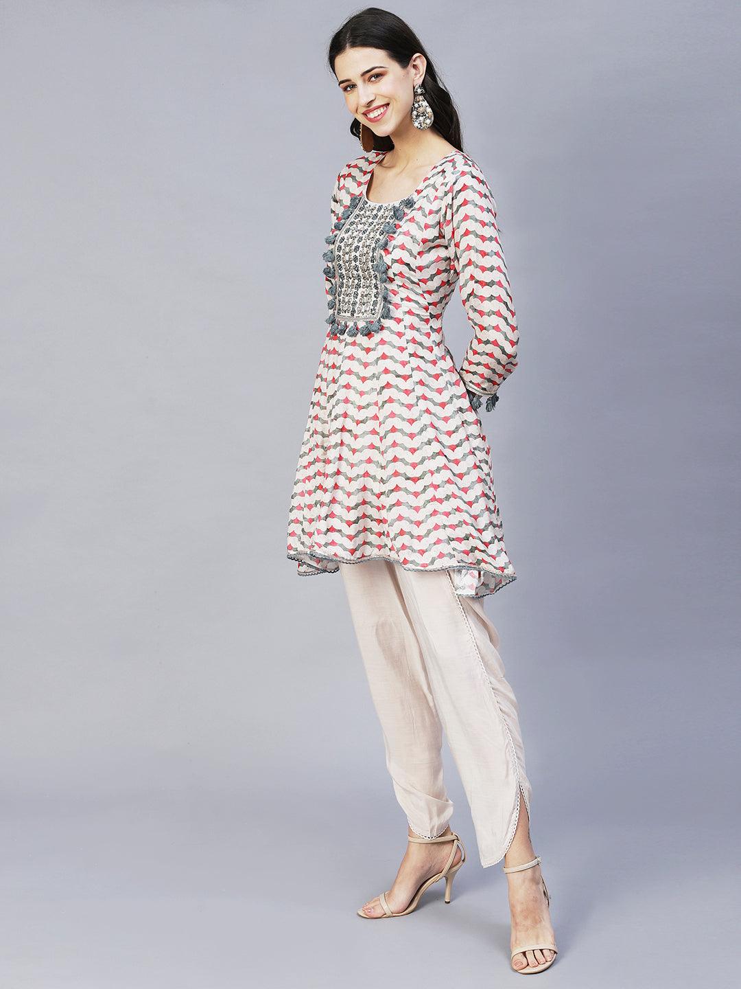 Ethnic Printed & Embroidered Anarkali Kurta with Dhoti Pants - Multi - Indiakreations