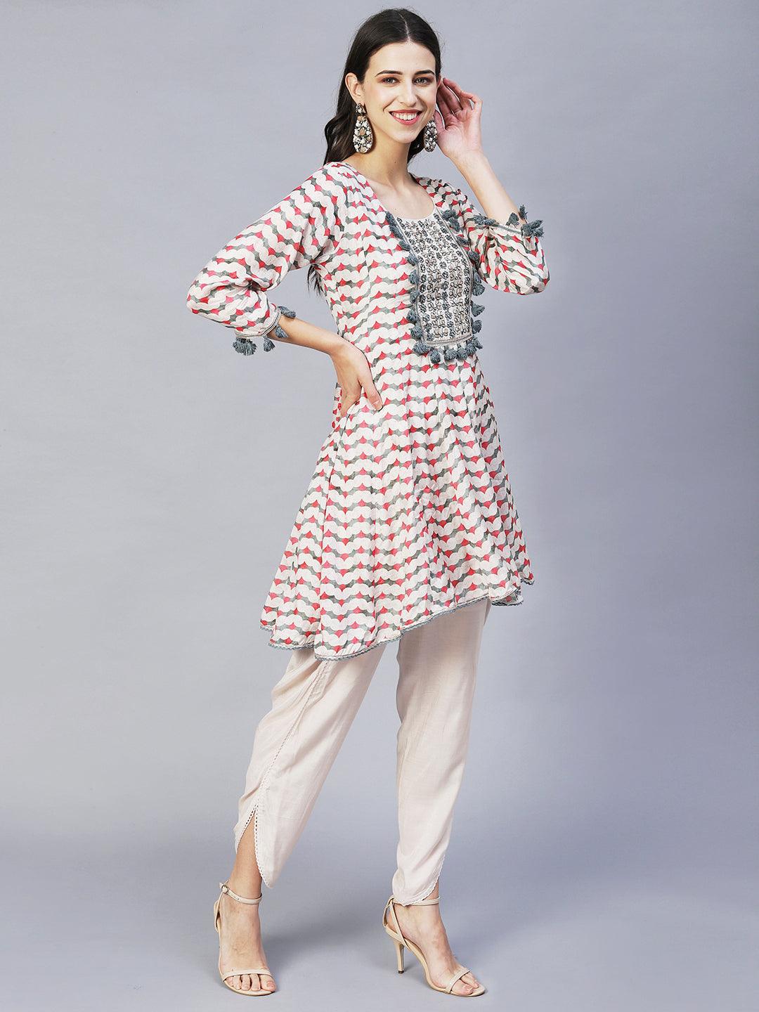 Ethnic Printed & Embroidered Anarkali Kurta with Dhoti Pants - Multi - Indiakreations