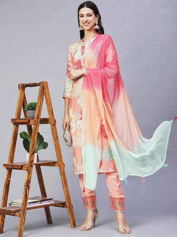 Floral Printed & Embroidered Straight Kurta with Pants & Dupatta - Peach - Indiakreations