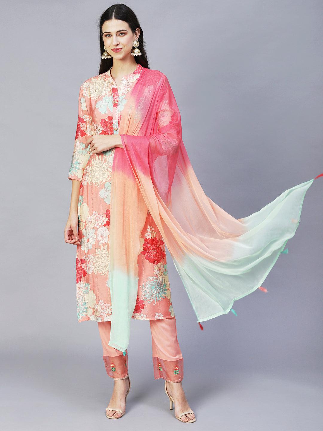 Floral Printed & Embroidered Straight Kurta with Pants & Dupatta - Peach - Indiakreations