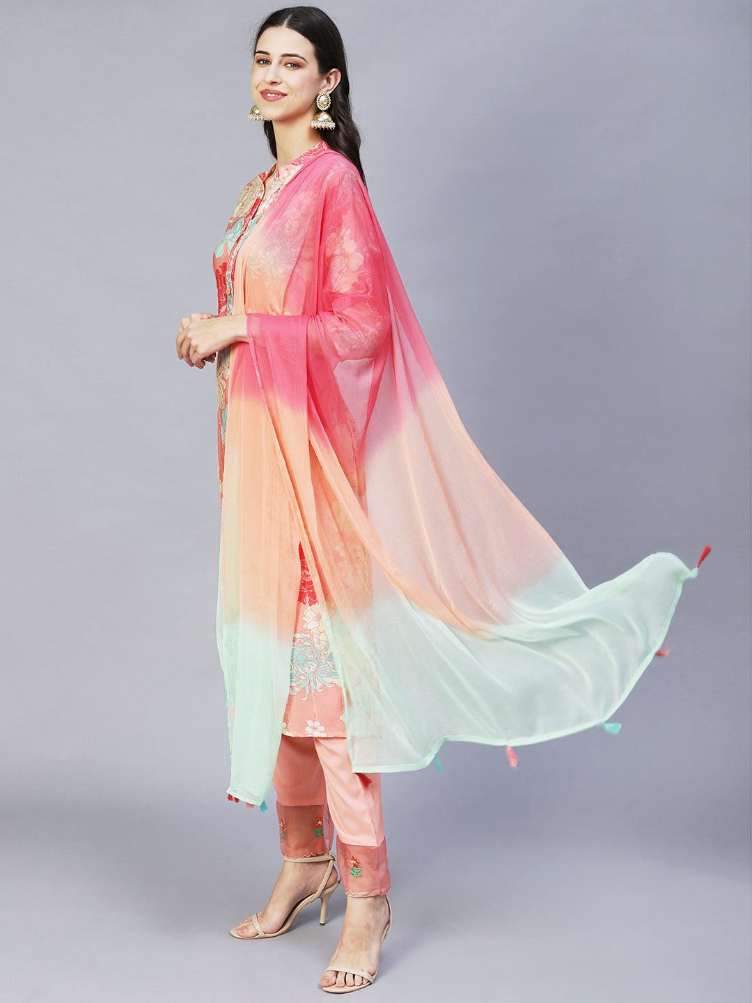 Floral Printed & Embroidered Straight Kurta with Pants & Dupatta - Peach - Indiakreations