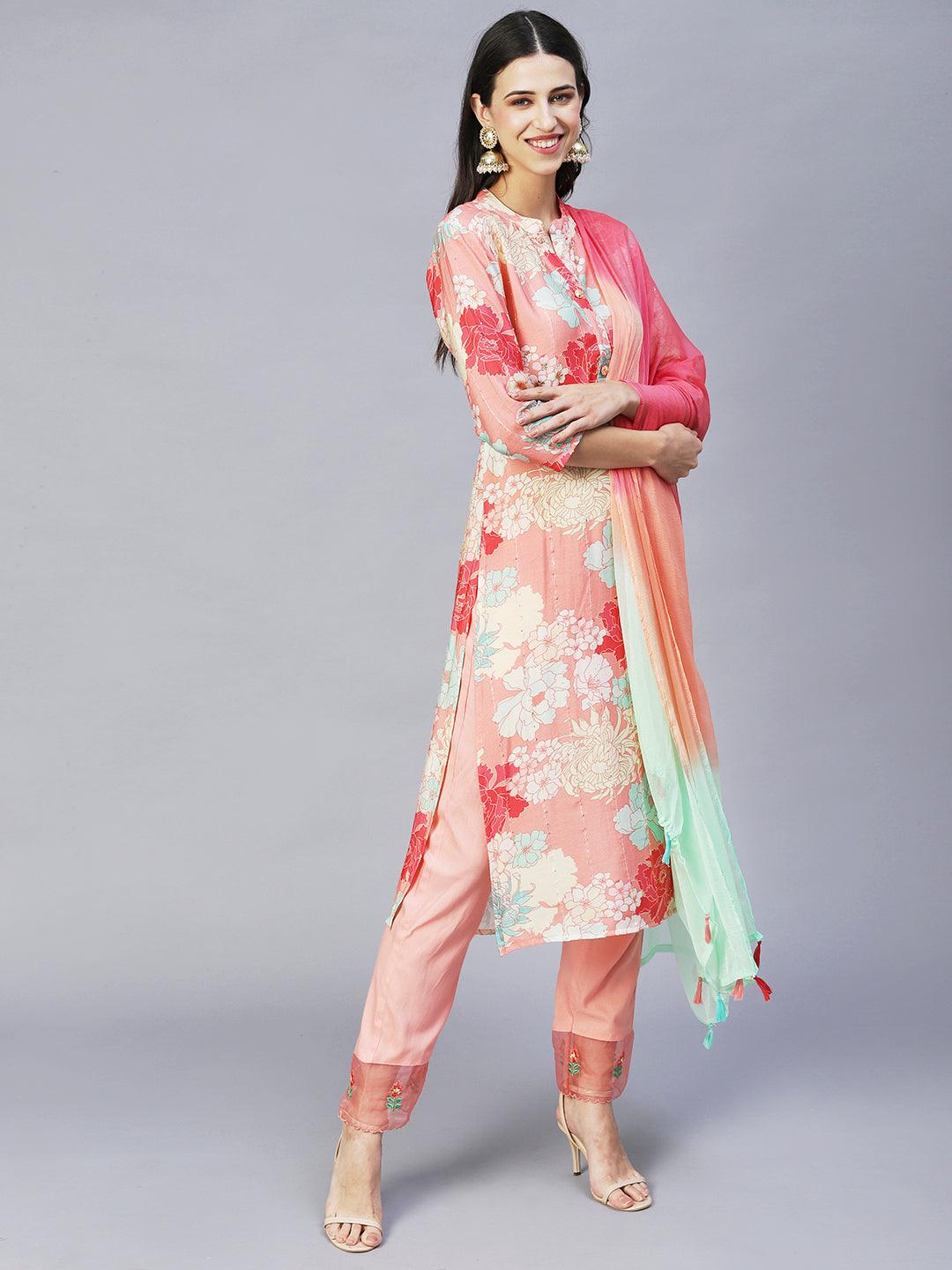 Floral Printed & Embroidered Straight Kurta with Pants & Dupatta - Peach - Indiakreations