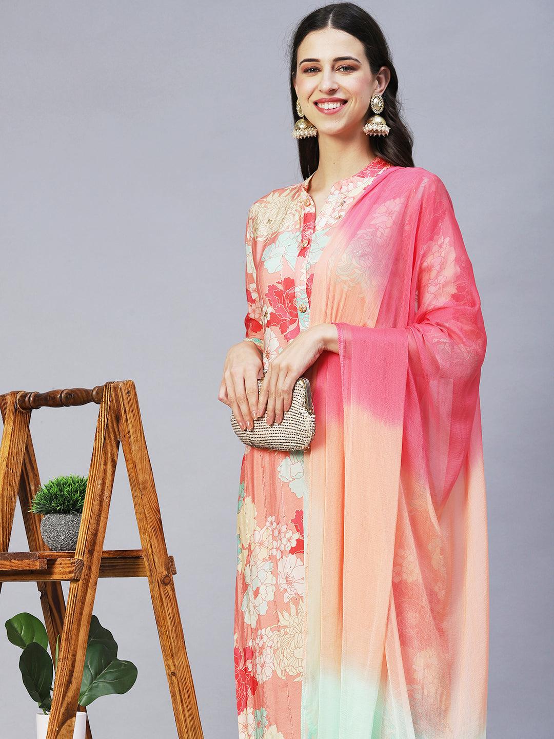 Floral Printed & Embroidered Straight Kurta with Pants & Dupatta - Peach - Indiakreations