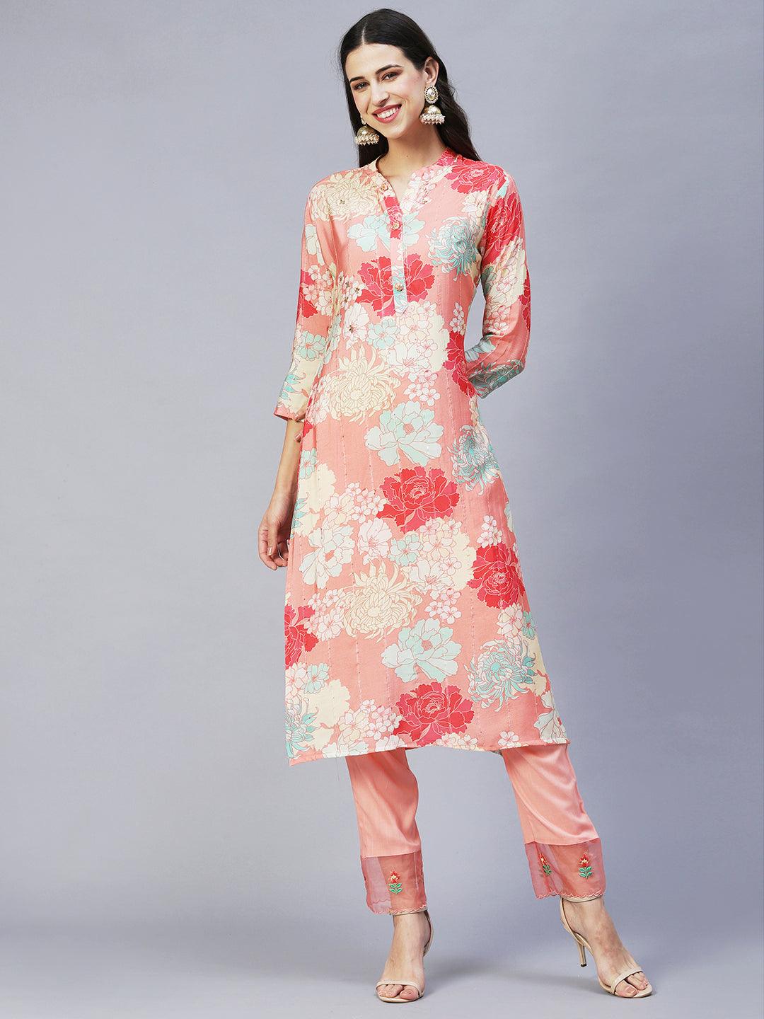 Floral Printed & Embroidered Straight Kurta with Pants & Dupatta - Peach - Indiakreations