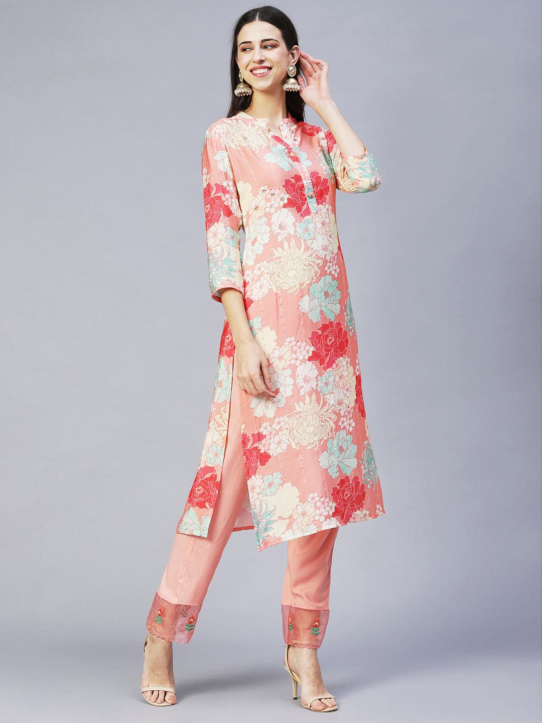 Floral Printed & Embroidered Straight Kurta with Pants & Dupatta - Peach - Indiakreations