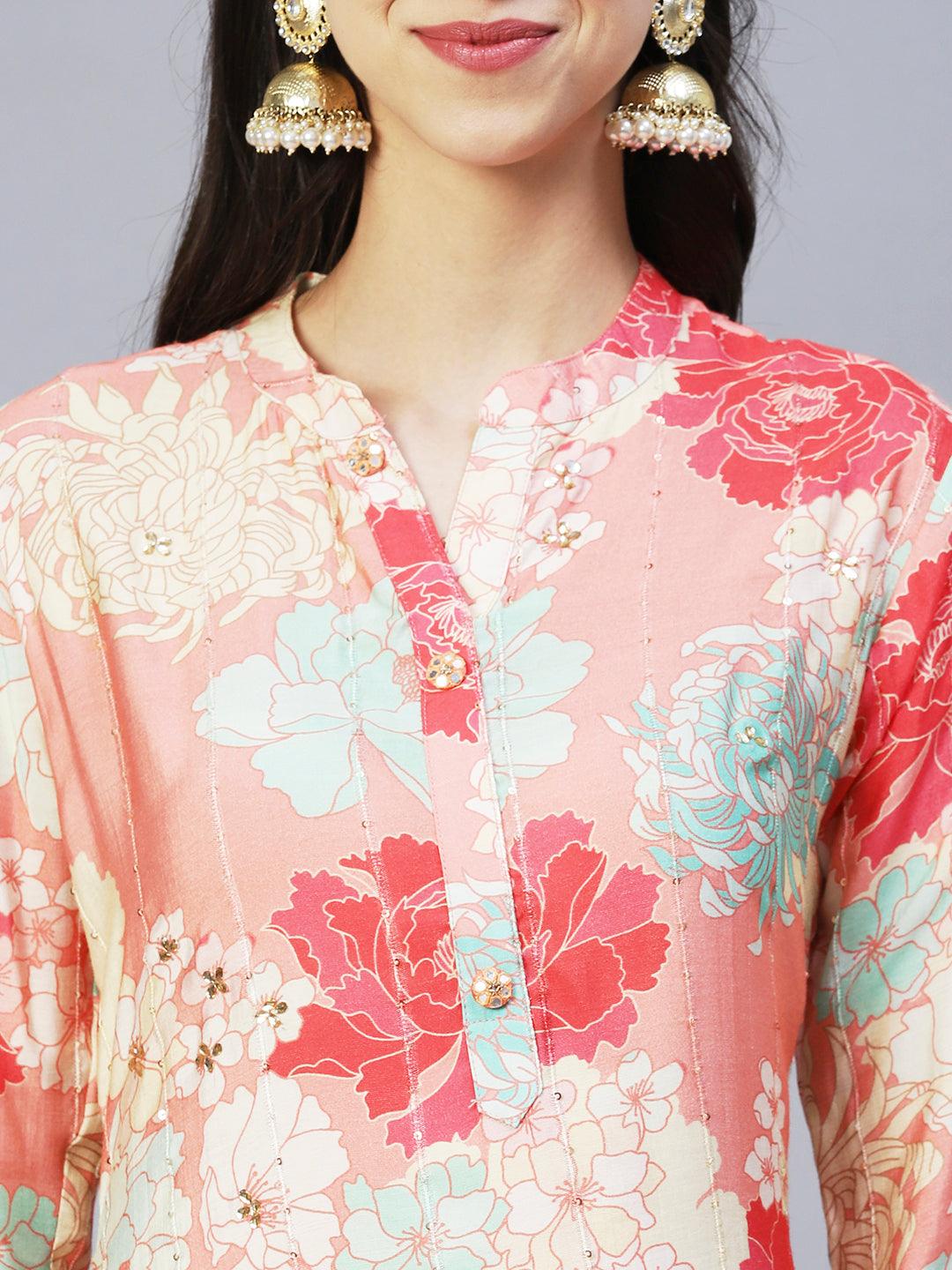 Floral Printed & Embroidered Straight Kurta with Pants & Dupatta - Peach - Indiakreations