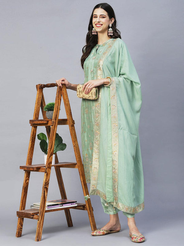 Ethnic Woven Straight Kurta with Pants & Dupatta - Pista Green - Indiakreations