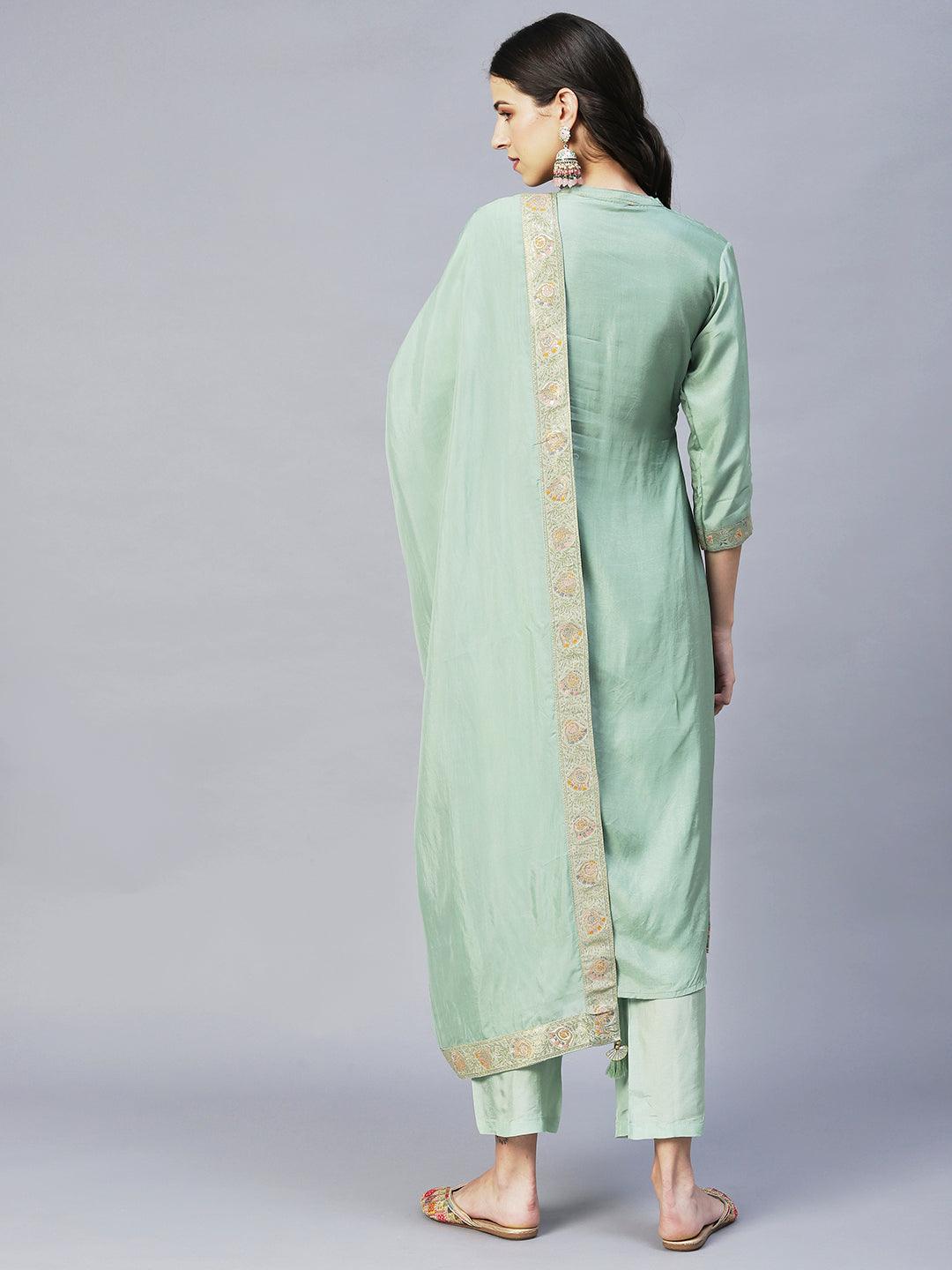 Ethnic Woven Straight Kurta with Pants & Dupatta - Pista Green - Indiakreations