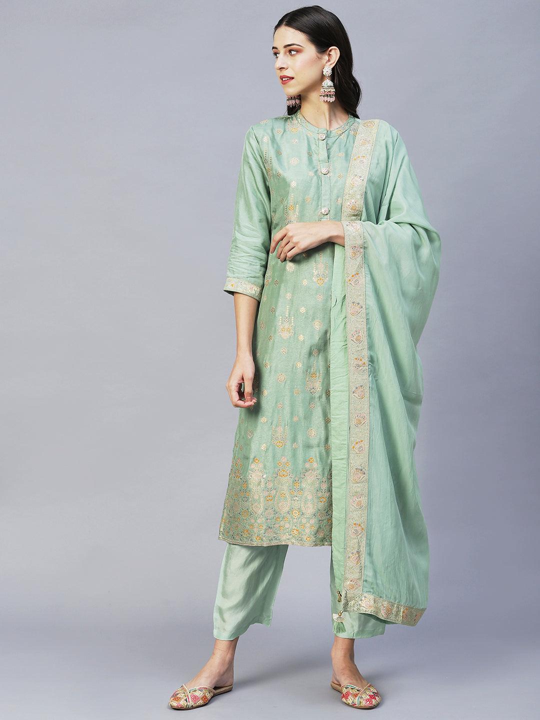 Ethnic Woven Straight Kurta with Pants & Dupatta - Pista Green - Indiakreations