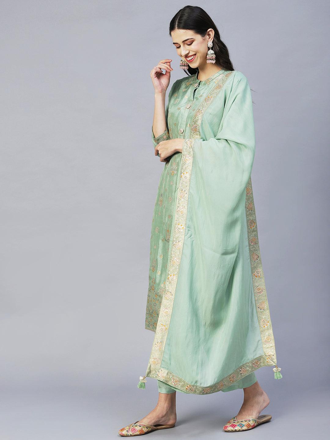 Ethnic Woven Straight Kurta with Pants & Dupatta - Pista Green - Indiakreations