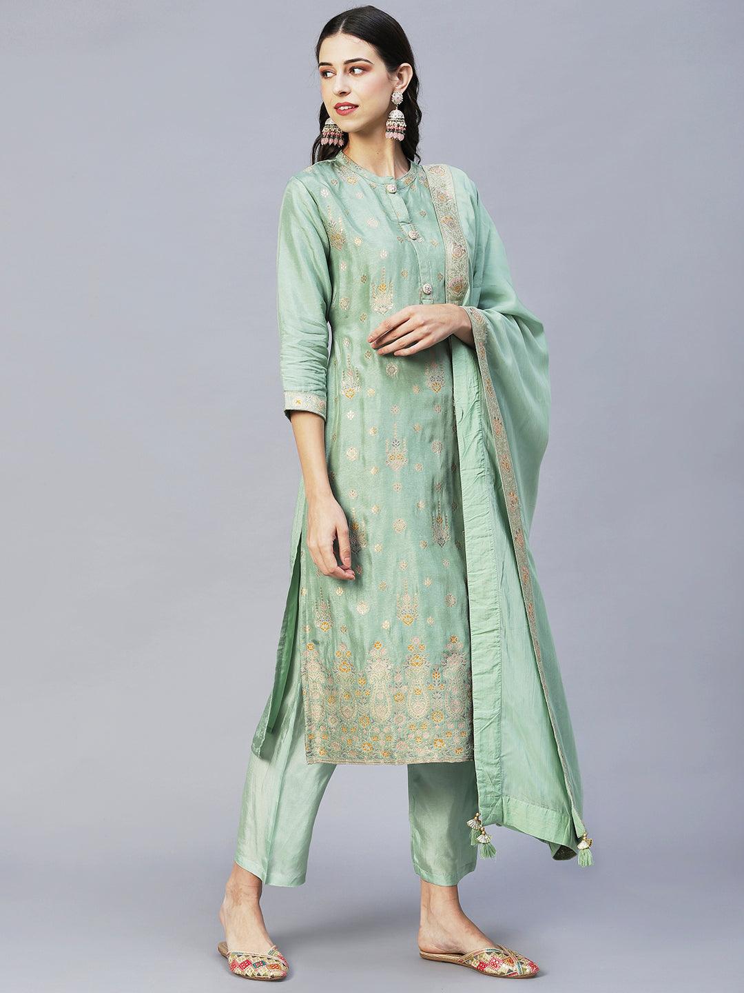 Ethnic Woven Straight Kurta with Pants & Dupatta - Pista Green - Indiakreations