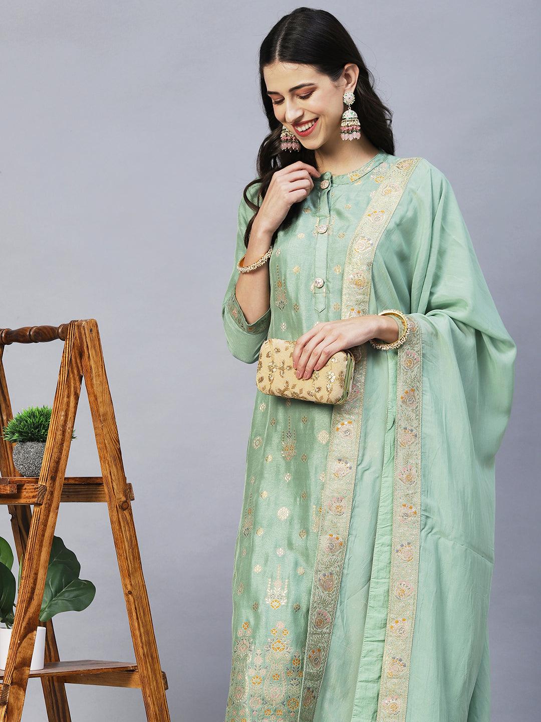 Ethnic Woven Straight Kurta with Pants & Dupatta - Pista Green - Indiakreations