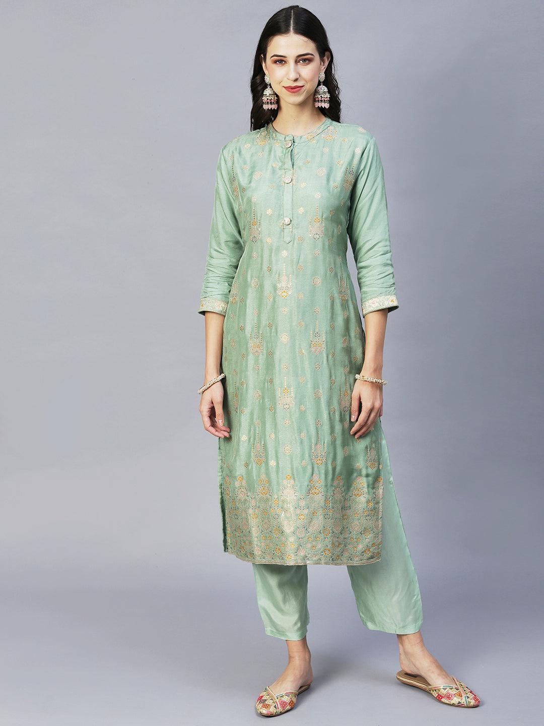 Ethnic Woven Straight Kurta with Pants & Dupatta - Pista Green - Indiakreations