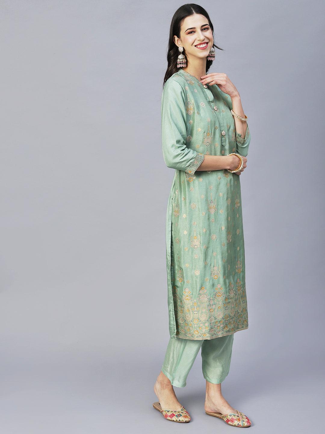 Ethnic Woven Straight Kurta with Pants & Dupatta - Pista Green - Indiakreations