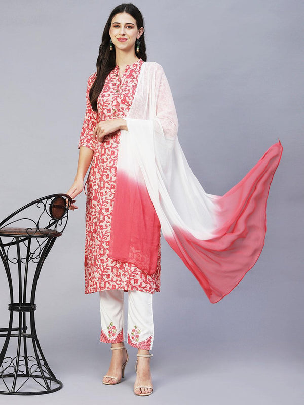 Ethnic Printed & Embroidered Straight Kurta with Pants & Dupatta - Pink - Indiakreations