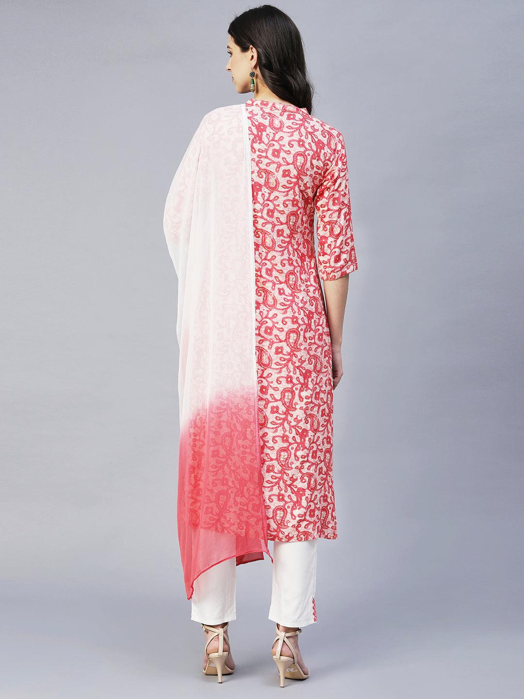 Ethnic Printed & Embroidered Straight Kurta with Pants & Dupatta - Pink - Indiakreations