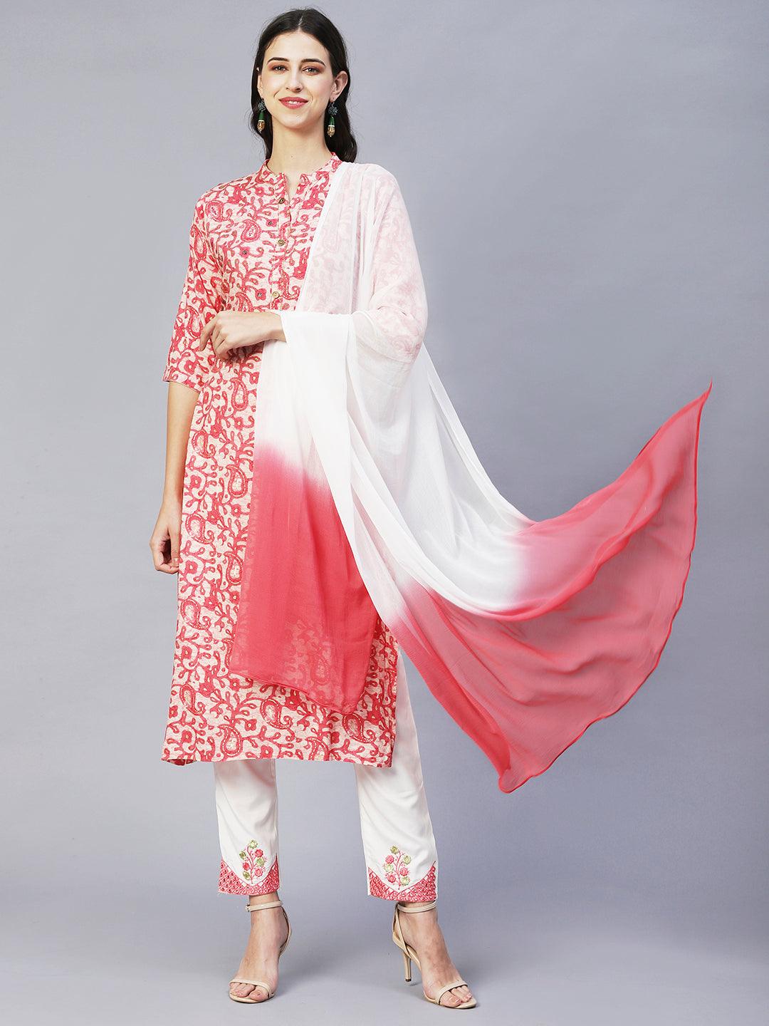 Ethnic Printed & Embroidered Straight Kurta with Pants & Dupatta - Pink - Indiakreations