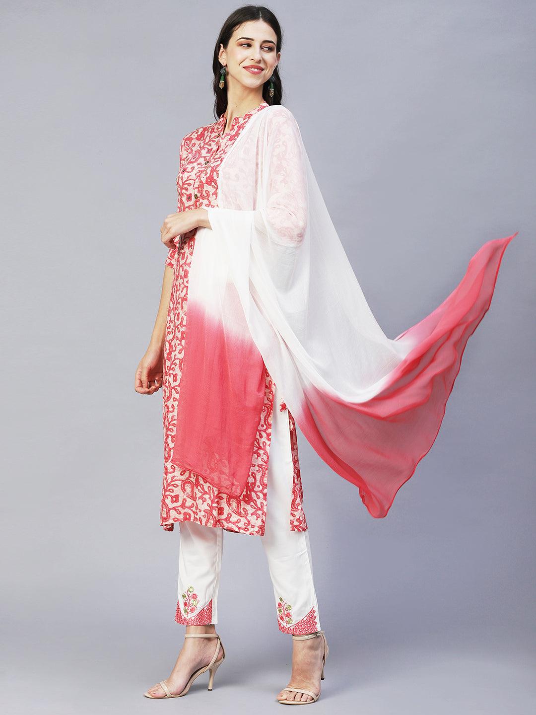 Ethnic Printed & Embroidered Straight Kurta with Pants & Dupatta - Pink - Indiakreations