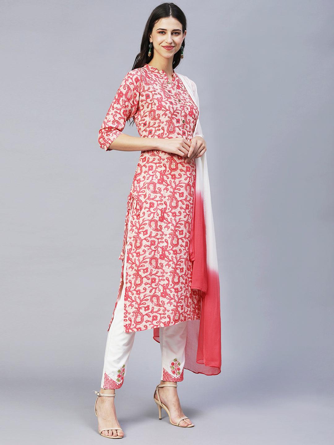 Ethnic Printed & Embroidered Straight Kurta with Pants & Dupatta - Pink - Indiakreations