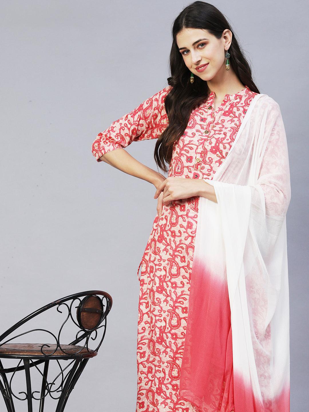 Ethnic Printed & Embroidered Straight Kurta with Pants & Dupatta - Pink - Indiakreations