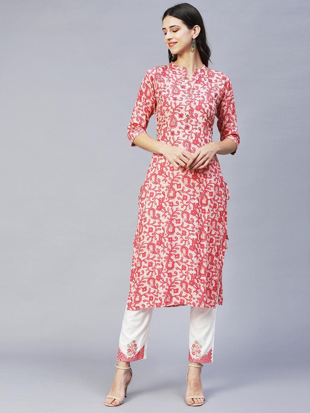 Ethnic Printed & Embroidered Straight Kurta with Pants & Dupatta - Pink - Indiakreations