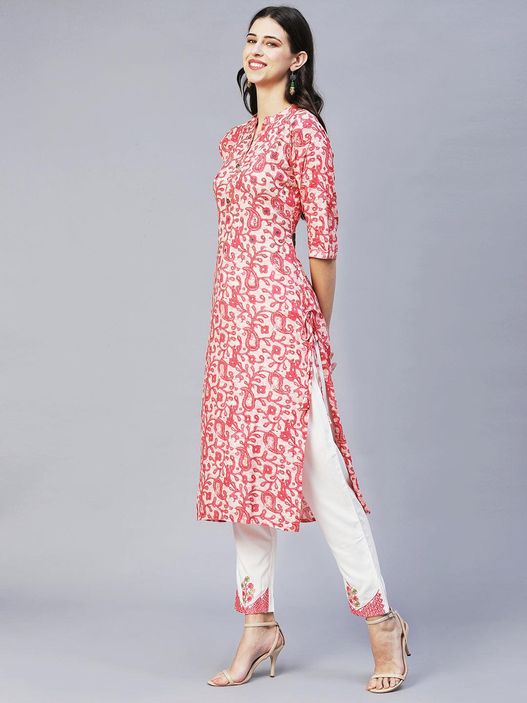 Ethnic Printed & Embroidered Straight Kurta with Pants & Dupatta - Pink - Indiakreations