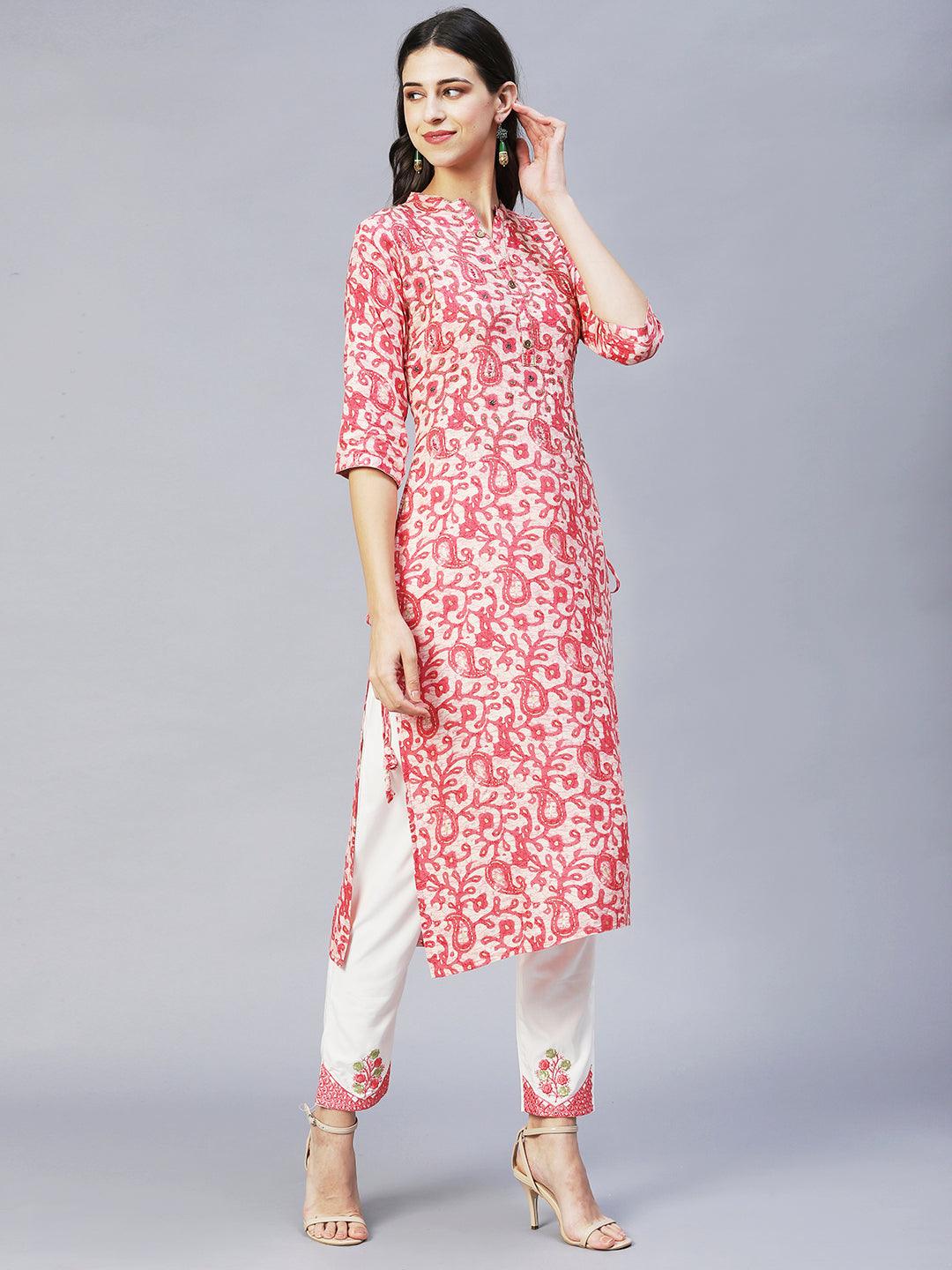 Ethnic Printed & Embroidered Straight Kurta with Pants & Dupatta - Pink - Indiakreations