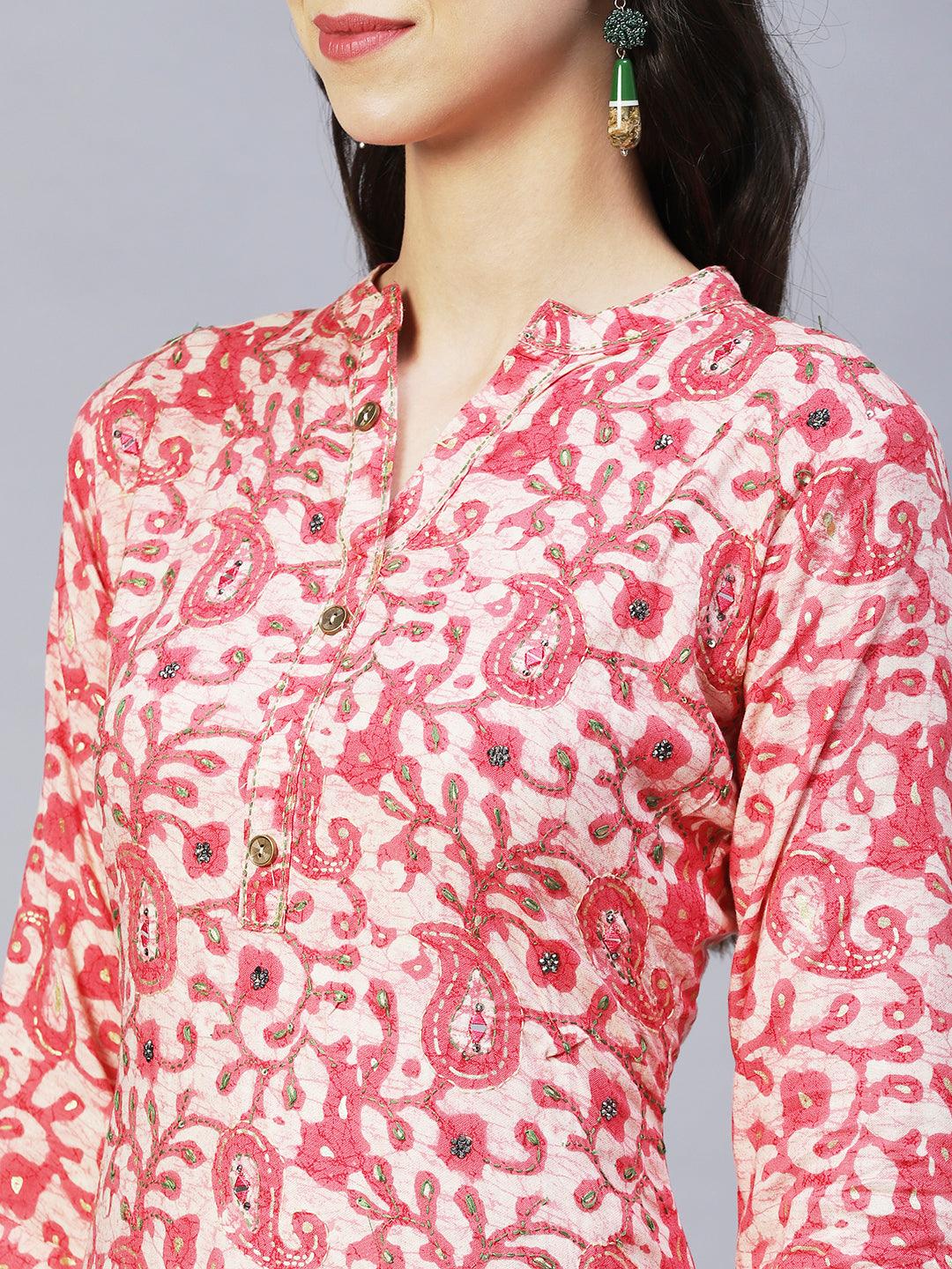 Ethnic Printed & Embroidered Straight Kurta with Pants & Dupatta - Pink - Indiakreations